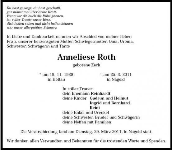 Zeck Anneleise1938-2011 Todesanzeige